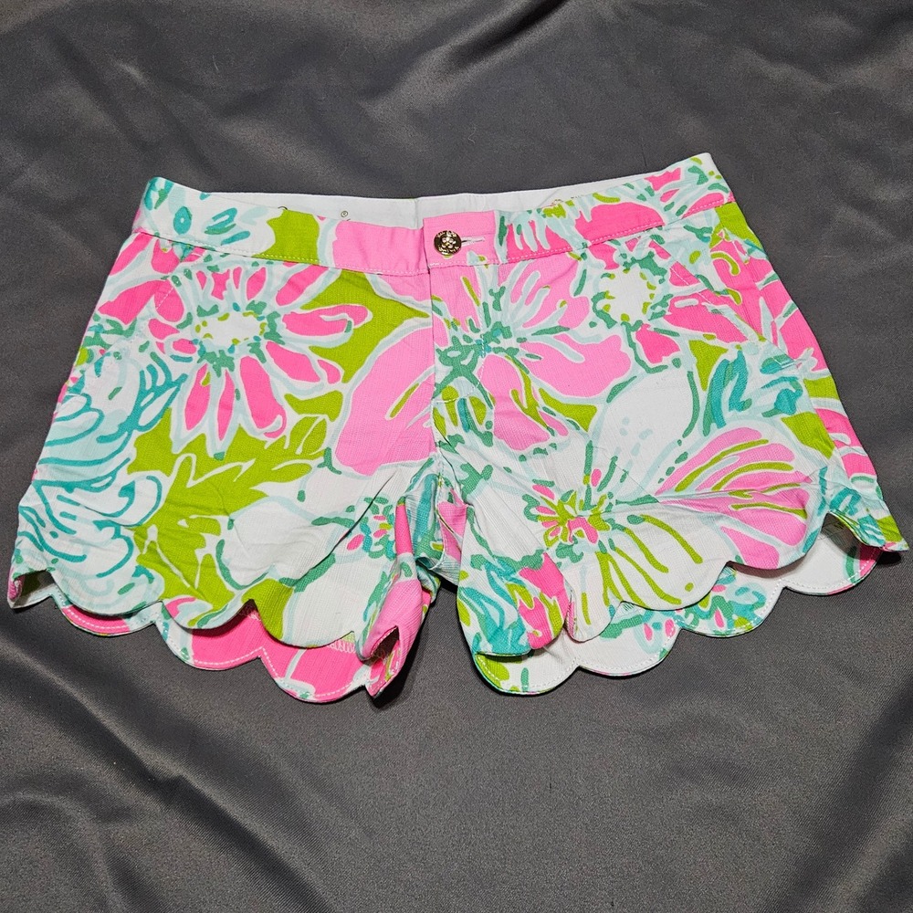 Lilly Pulitzer The Buttercup Short Pink Green Floral Scalloped Hem Size 0